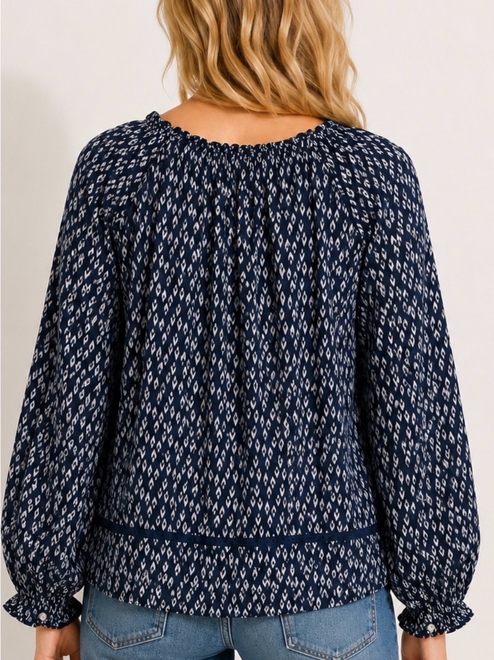 THML Navy Coral Geometric Boho Tassel Tie Balloon Sleeve Blouse - Picture 11 of 11